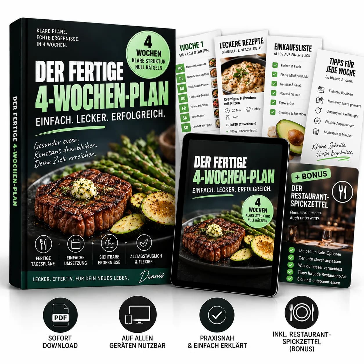 Produktansicht „Der fertige 4-Wochen-Plan“: Buch, Tablet-Ansicht und Karten