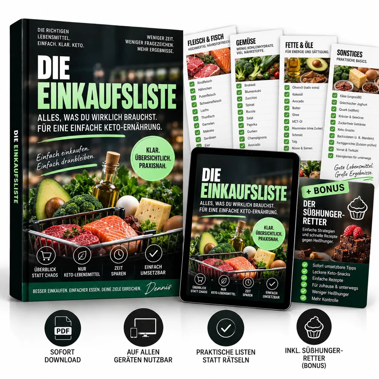 Produktansicht „Die Einkaufslisten“: Buch, Tablet-Ansicht und Karten