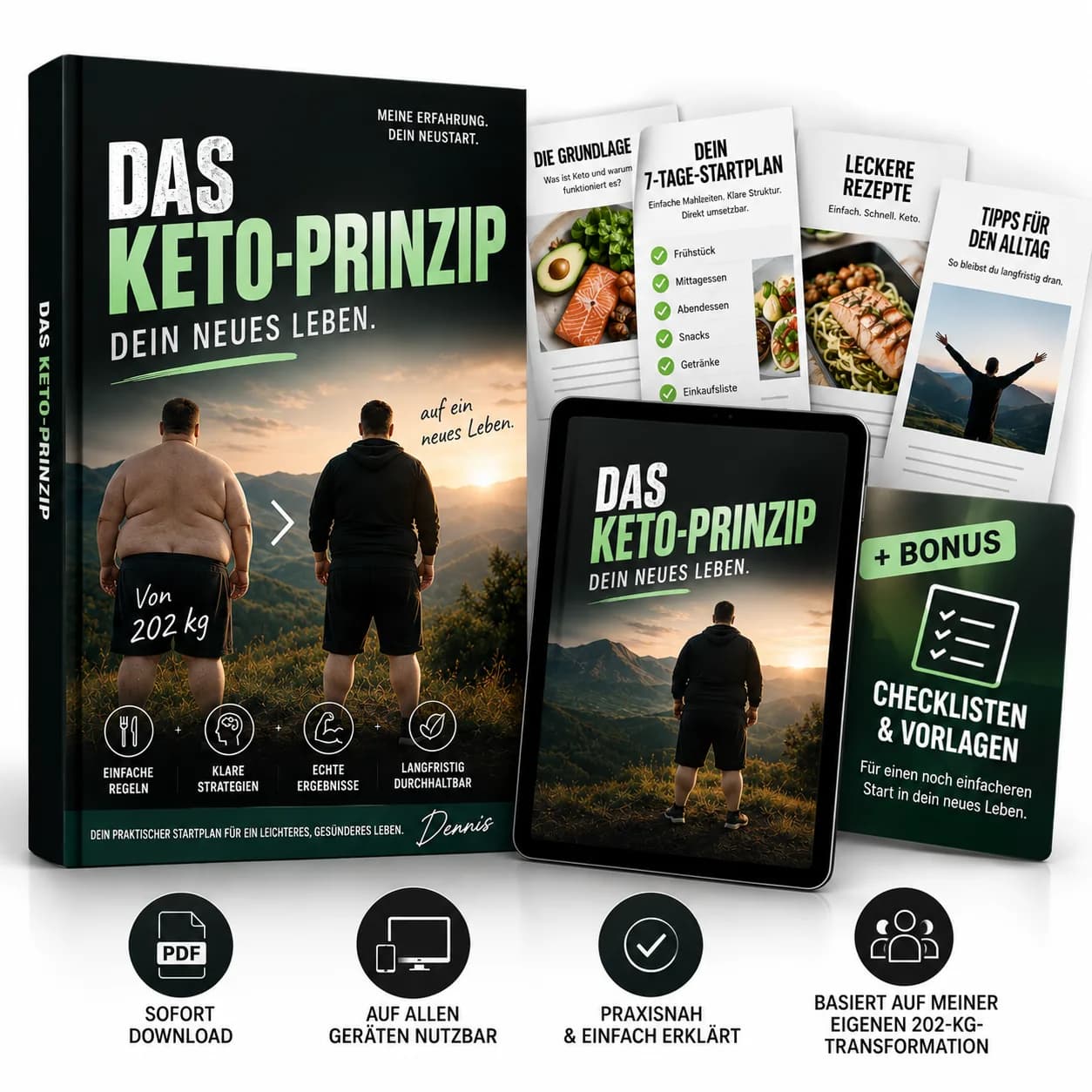 Produktansicht „Das Keto-Prinzip“: Buch, Tablet-Ansicht und Karten