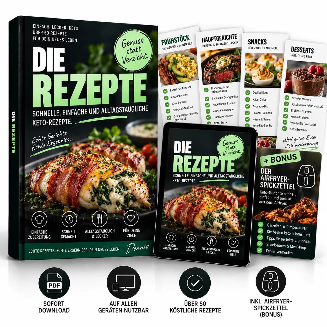 Produktansicht „Die Rezepte“: Buch, Tablet-Ansicht und Karten